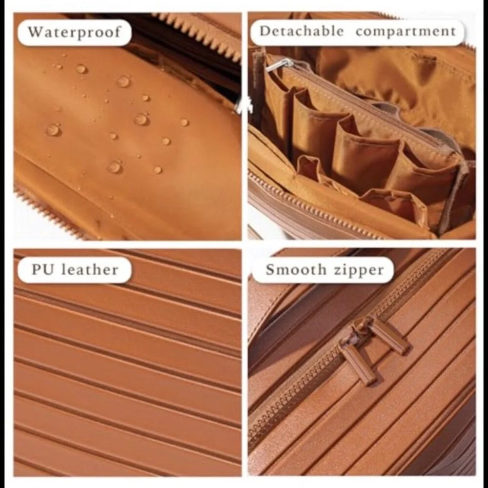 PU Leather Large Capacity Cosmetic Bag with Fold-Down Design and Adjustable